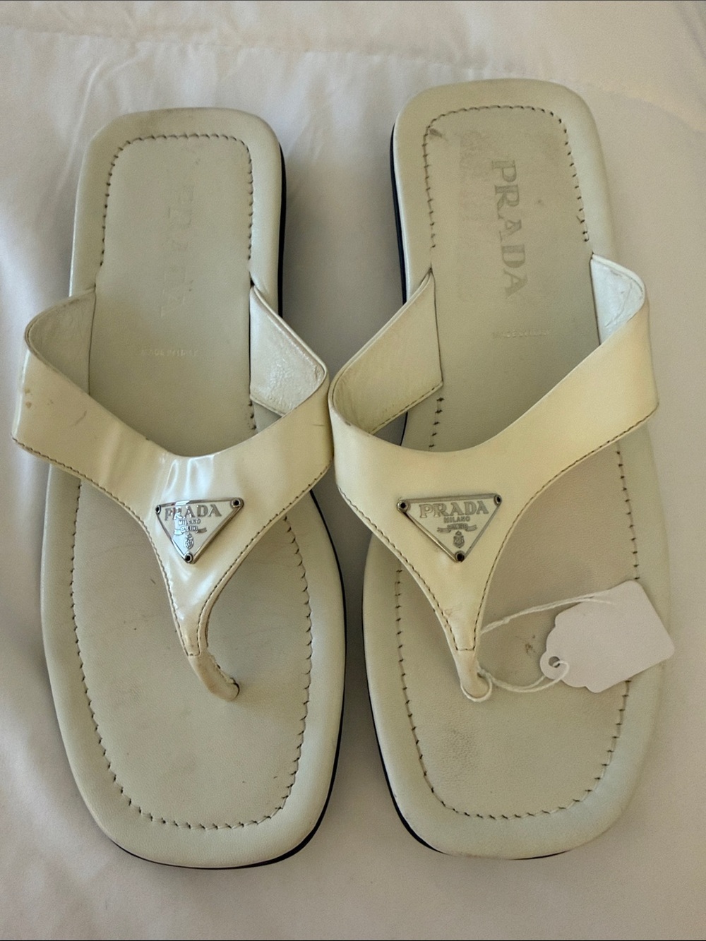Prada Cream Leather Thong Sandals with Logo Plaque